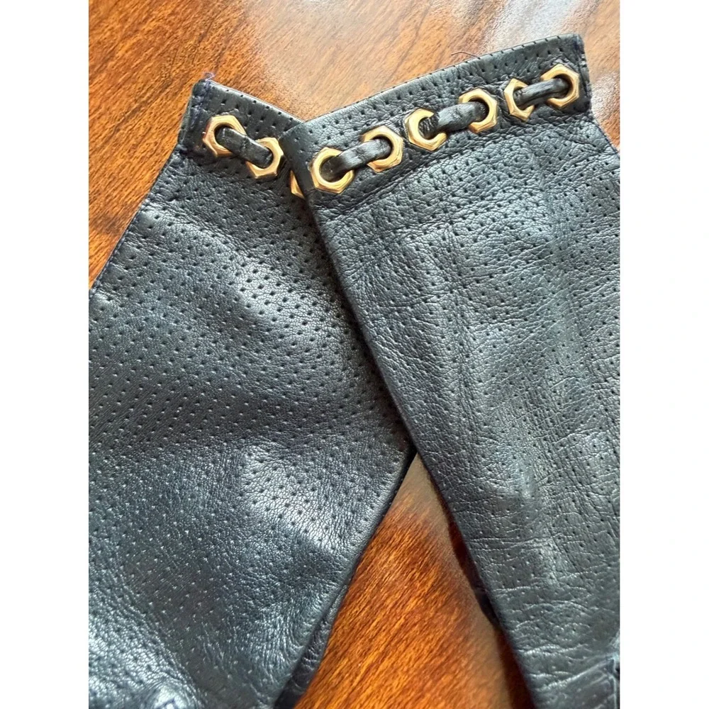 Black Perforated Leather Gloves Gold Chain Link  Vintage  Women's classic